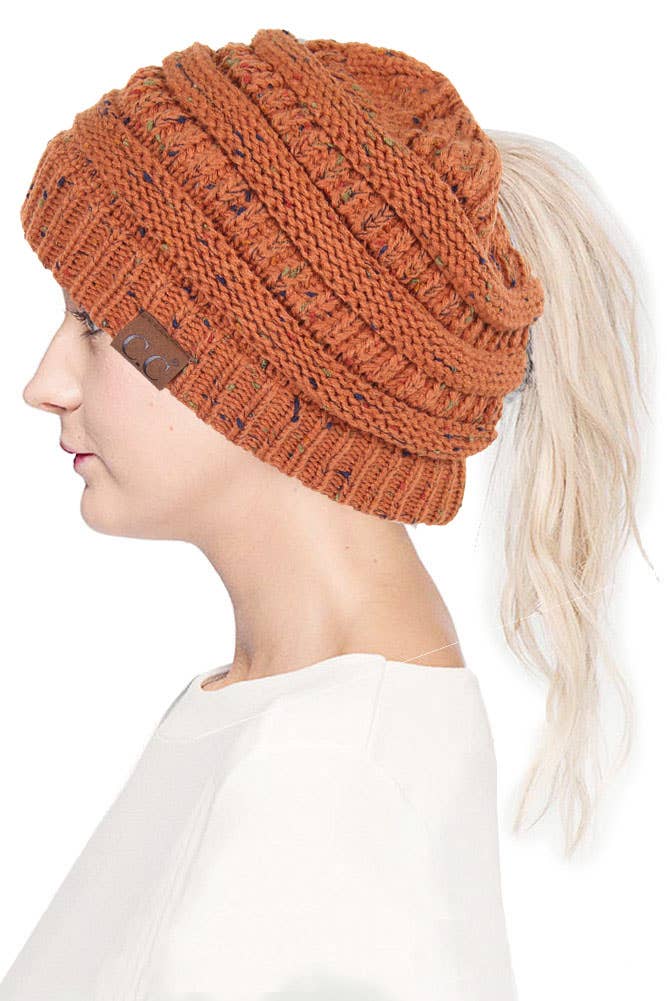 C.C Confetti Ponytail Messy Bun Beanie- Rust