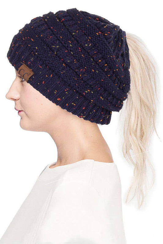 C.C Confetti Ponytail Messy Bun Beanie- Navy