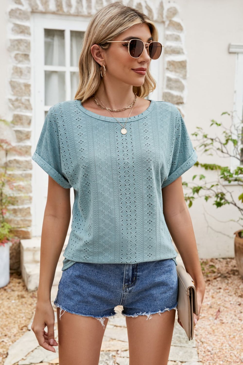 Full Size Round Neck Eyelet Short Sleeve Top