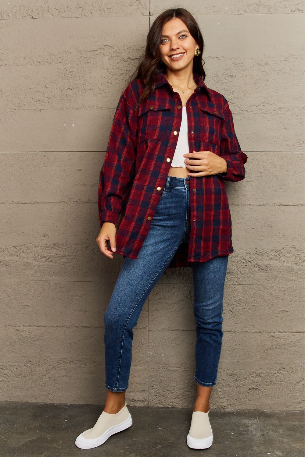 Full Size Plaid Collared Neck Button-Down Long Sleeve Jacket