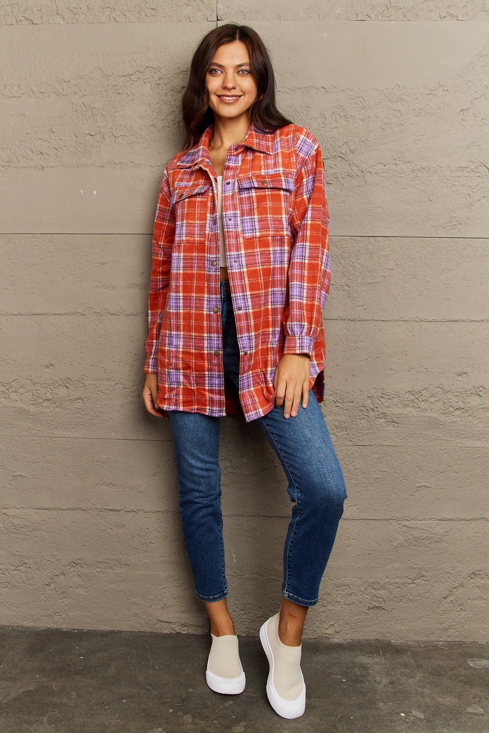 Full Size Plaid Collared Neck Button-Down Long Sleeve Jacket