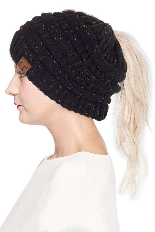 C.C Confetti Ponytail Messy Bun Beanie- Black