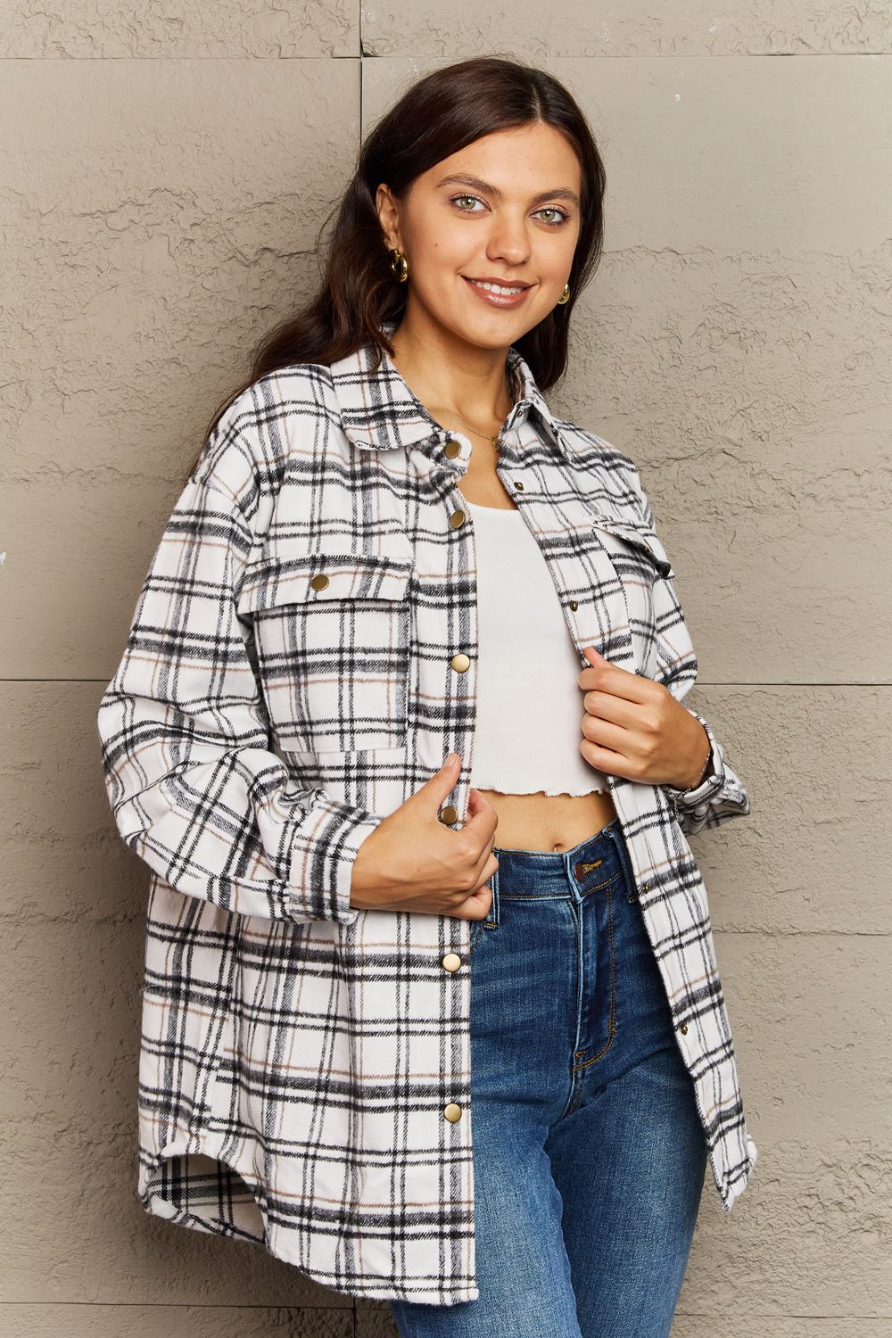 Full Size Plaid Collared Neck Button-Down Long Sleeve Jacket