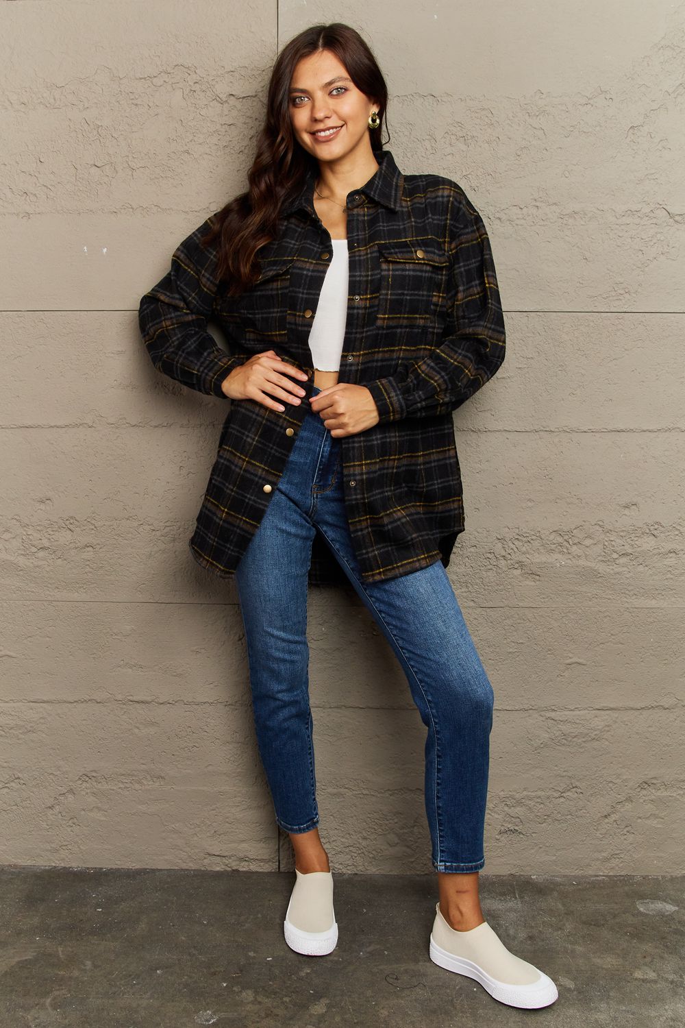 Full Size Plaid Collared Neck Button-Down Long Sleeve Jacket