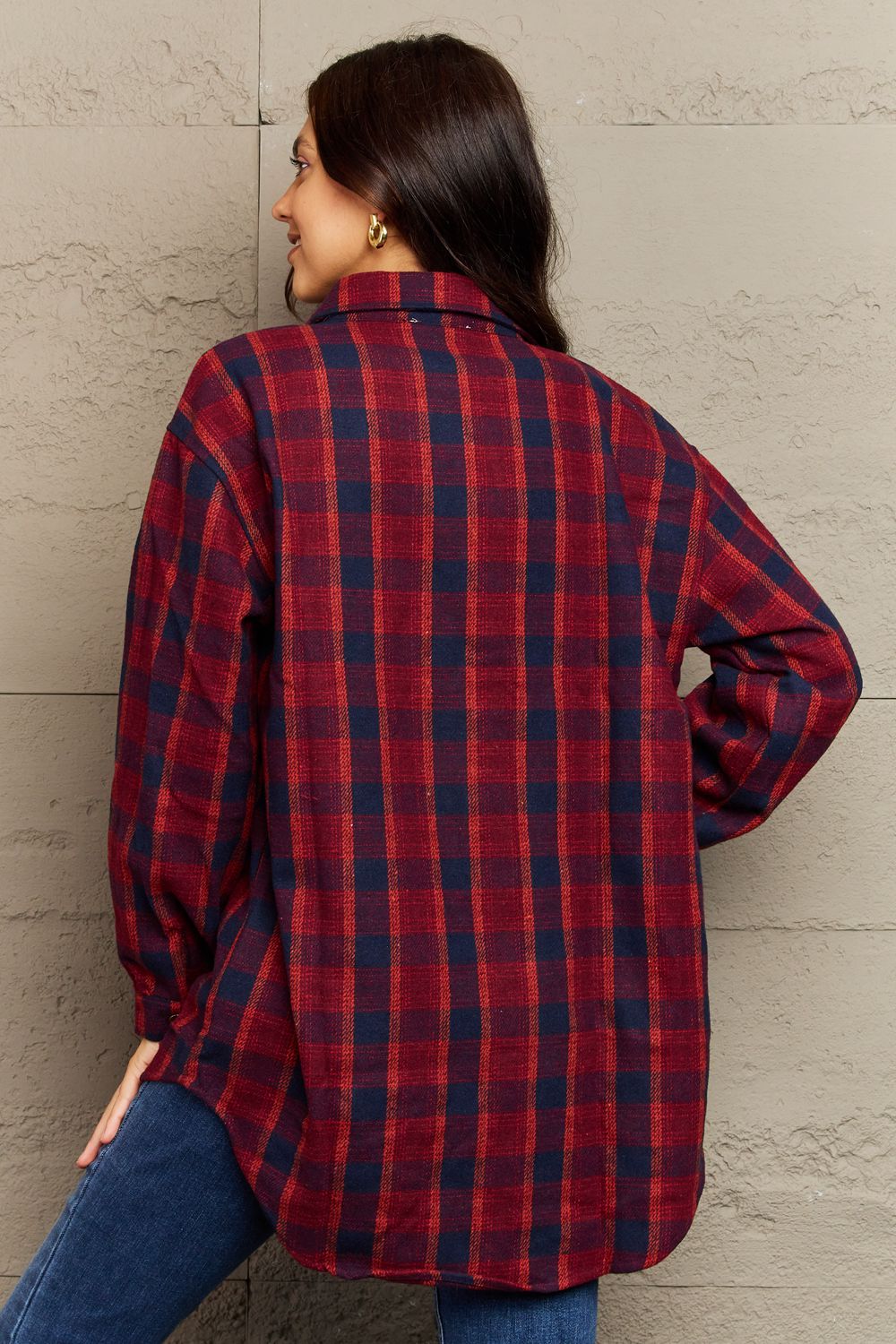 Full Size Plaid Collared Neck Button-Down Long Sleeve Jacket