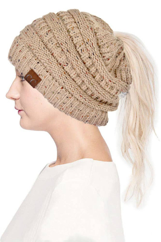 C.C Confetti Ponytail Messy Bun Beanie- Latte