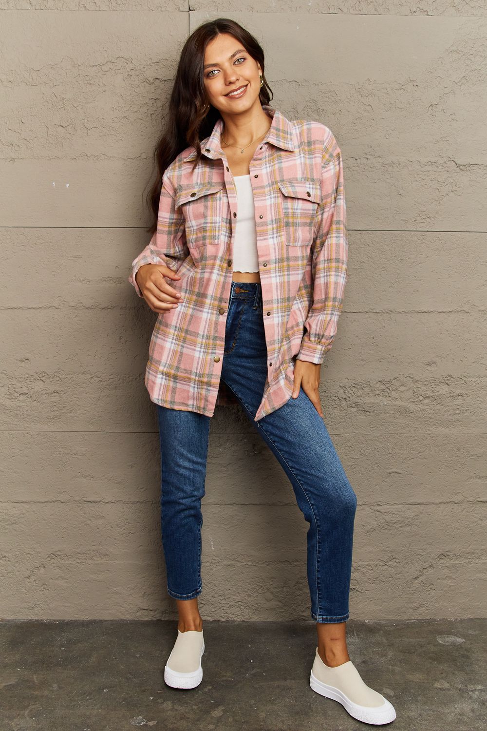 Full Size Plaid Collared Neck Button-Down Long Sleeve Jacket