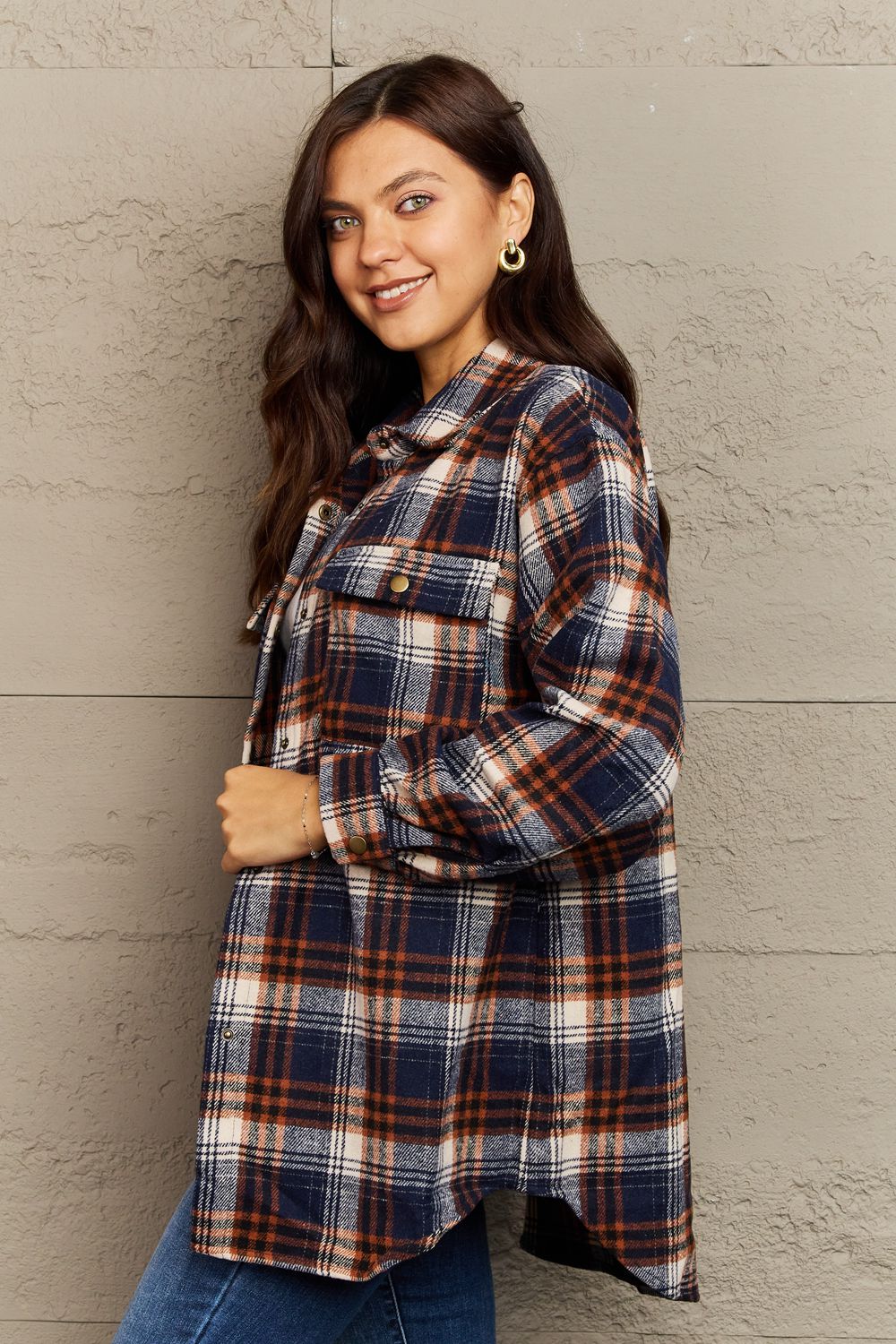 Full Size Plaid Collared Neck Button-Down Long Sleeve Jacket