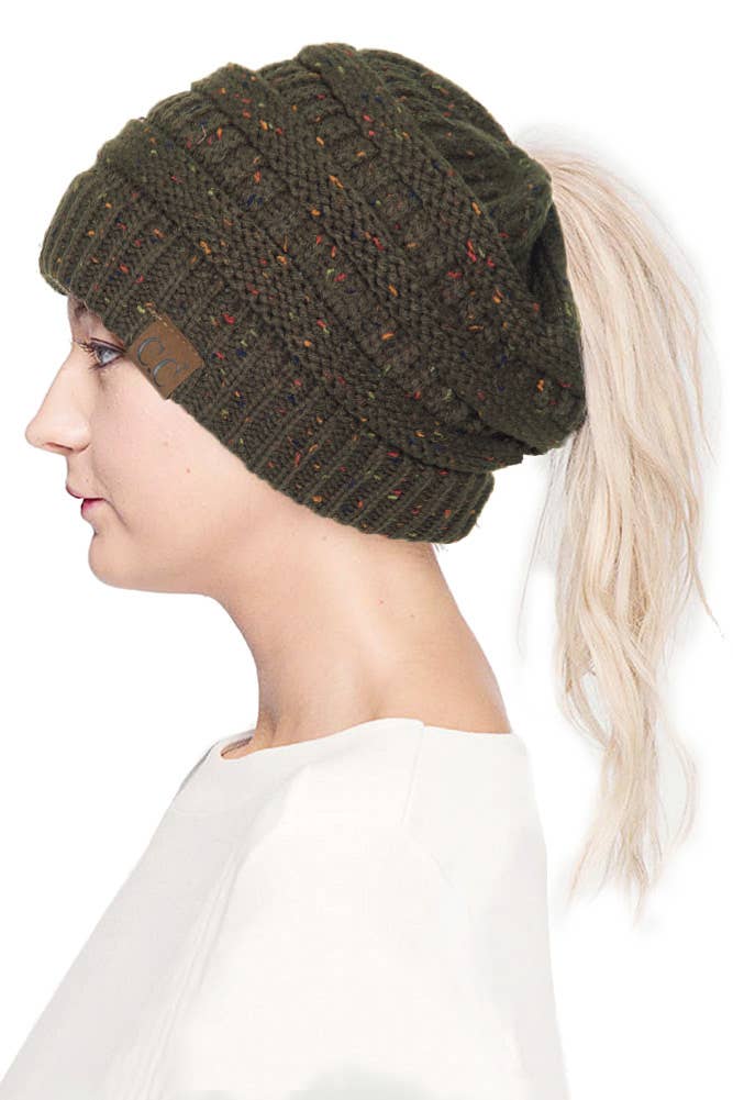 C.C Confetti Ponytail Messy Bun Beanie- Olive