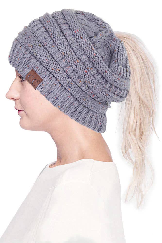 C.C Confetti Ponytail Messy Bun Beanie- Gray