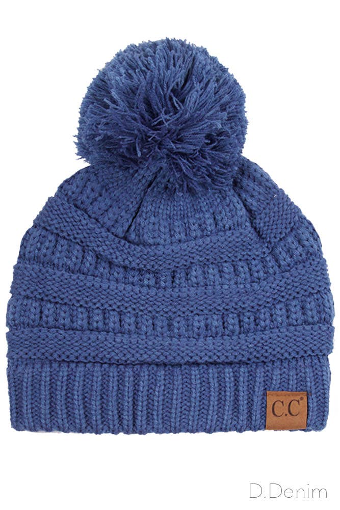 C.C Knit Beanie With Pom- Dark Denim