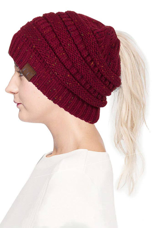 C.C Confetti Ponytail Messy Bun Beanie- Burgundy