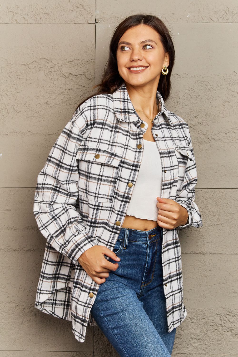 Full Size Plaid Collared Neck Button-Down Long Sleeve Jacket