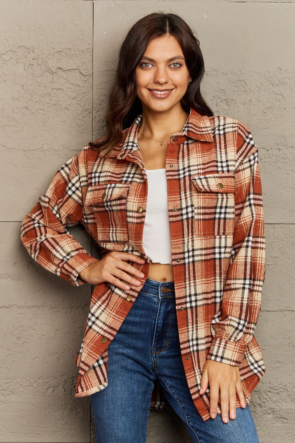 Full Size Plaid Collared Neck Button-Down Long Sleeve Jacket