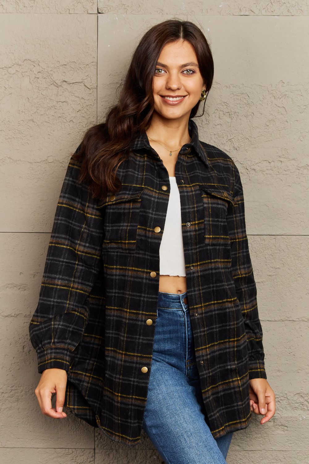 Full Size Plaid Collared Neck Button-Down Long Sleeve Jacket